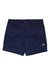 The Eddie Bauer First Ascent Women's Guide Pro Short features navy blue, water-resistant fabric, front button and zipper, UPF 50+ sun protection, side zip pockets, belt loops, and a small triangular logo on the bottom right leg.