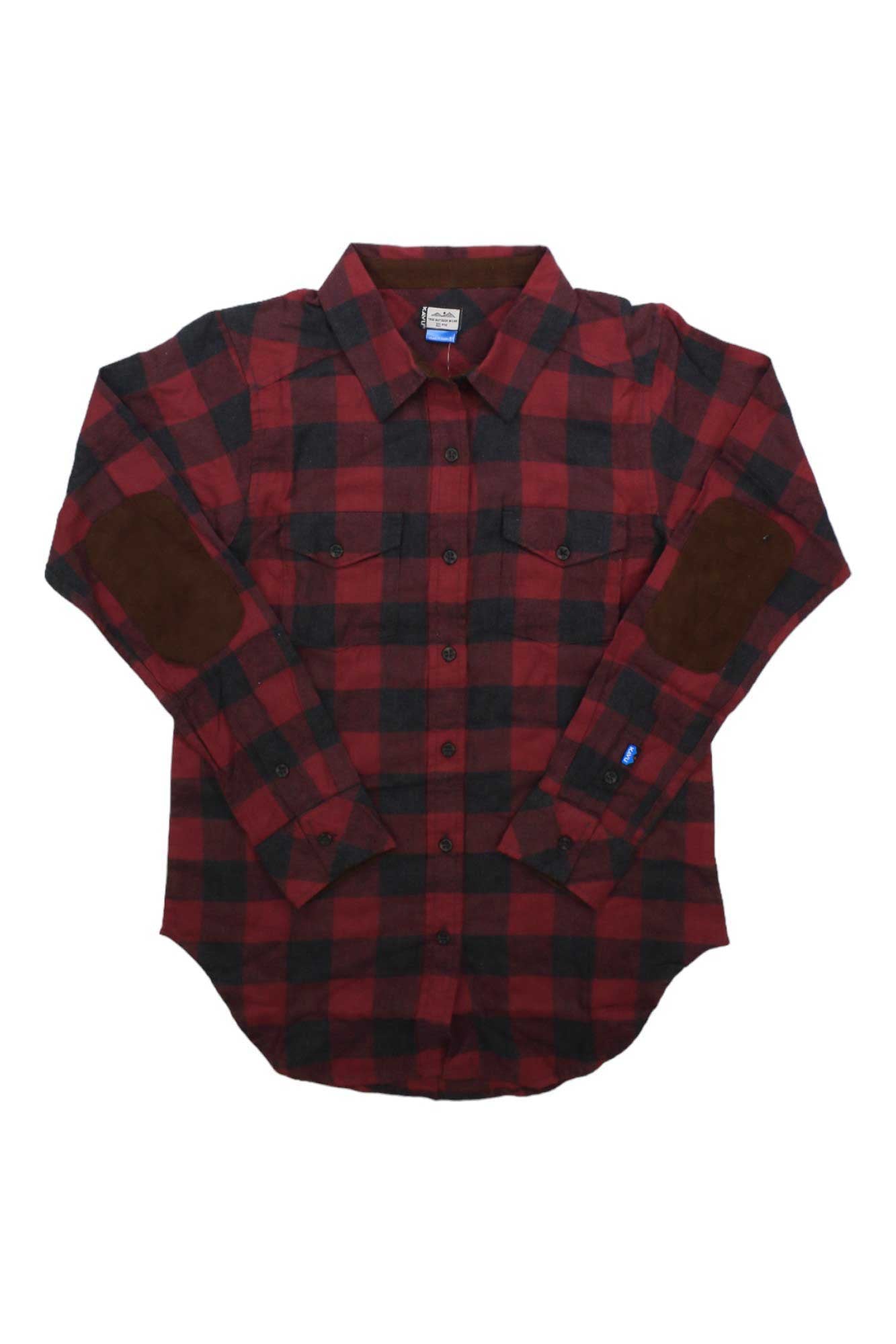 Women’s red and dark plaid long-sleeve button-up shirt with chest pockets