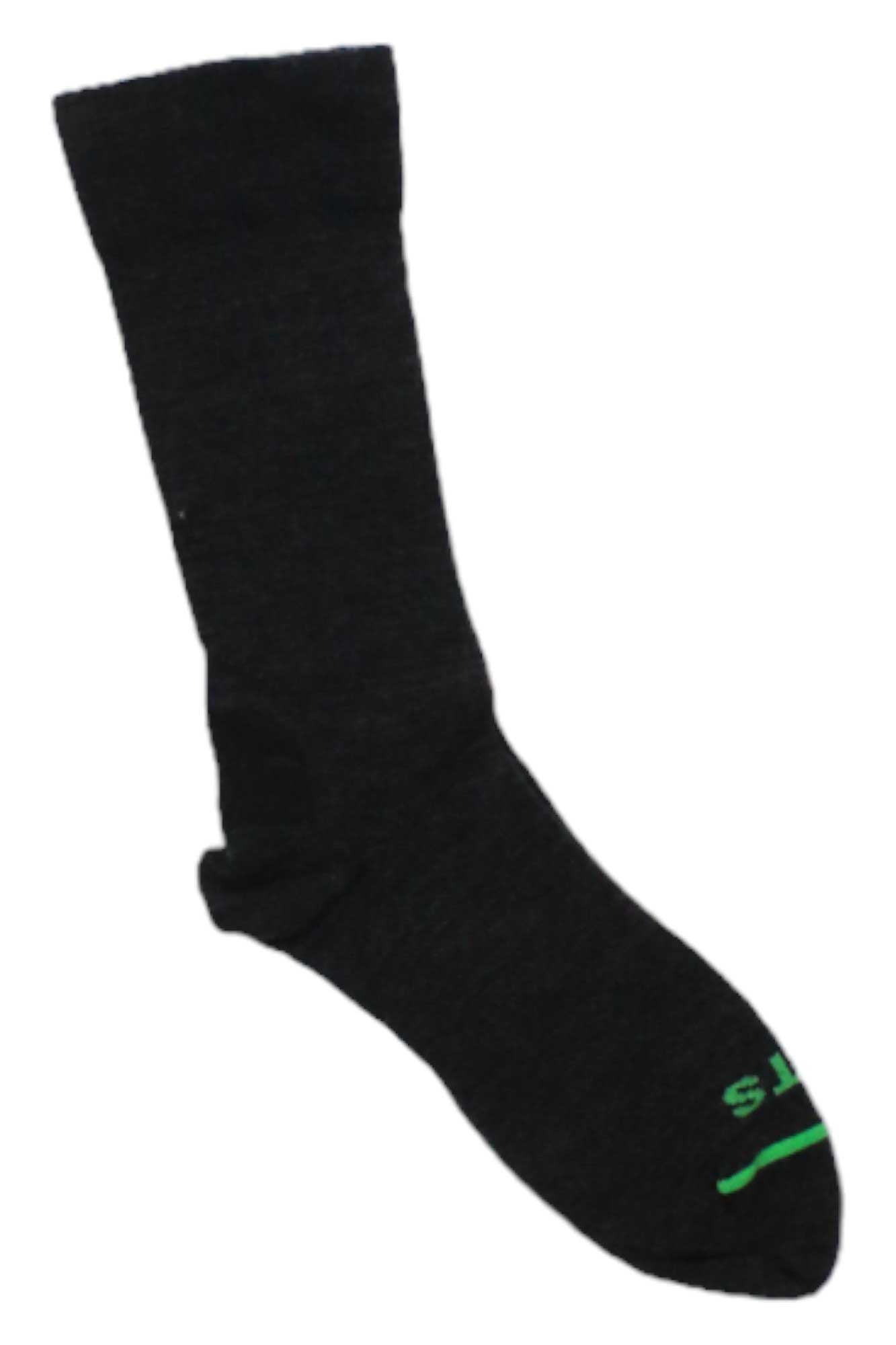 The Fits Business Crew Sock is a single black, moisture-wicking merino wool crew sock featuring a green design near the toe, shown on a white background.