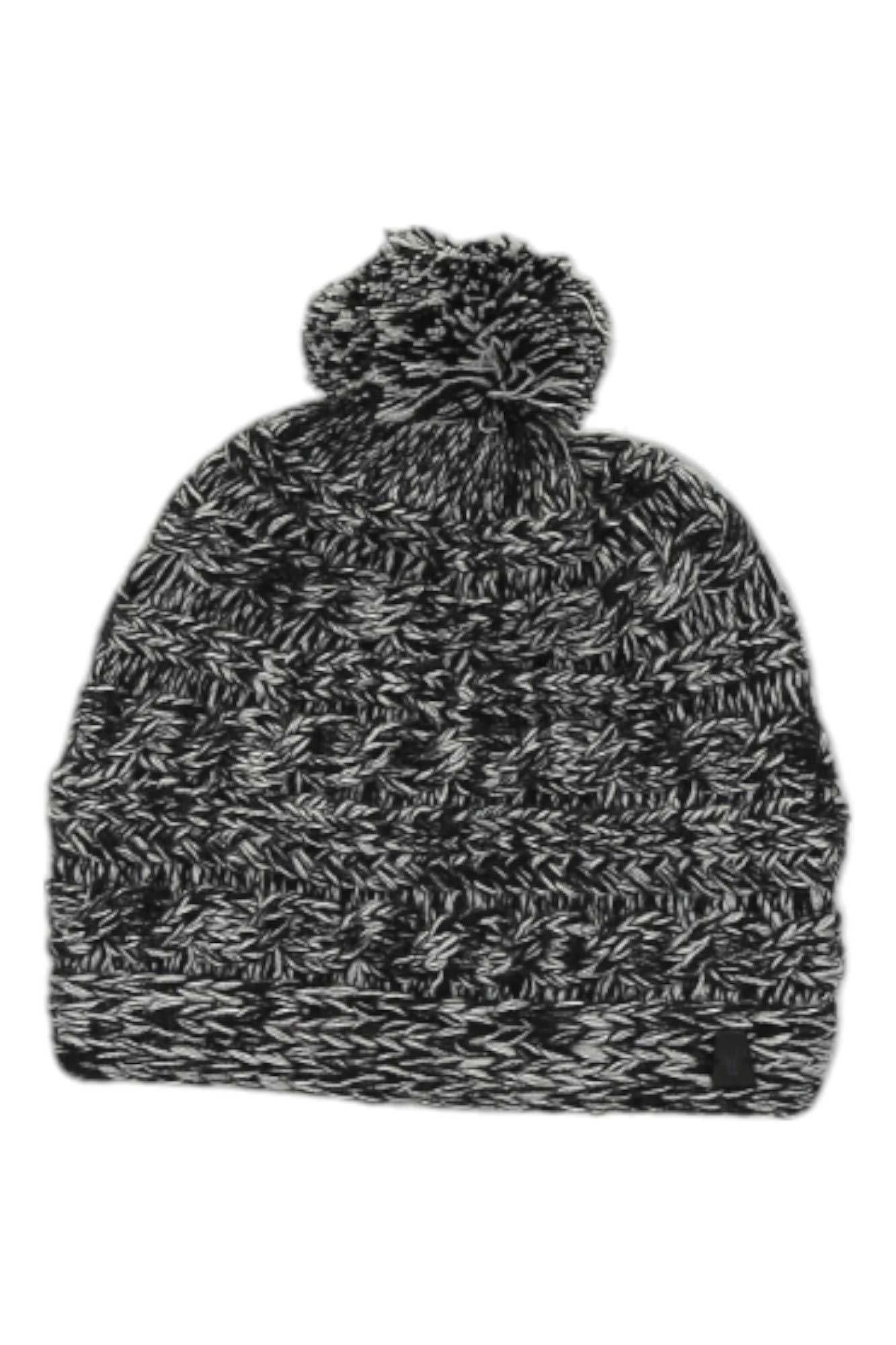 The Spyder Womens Twisty Beanie is a cozy black and white knit hat with a marled pattern, pom-pom top, and thick ribbed brim—ideal outdoor headwear for those seeking comfort and style.