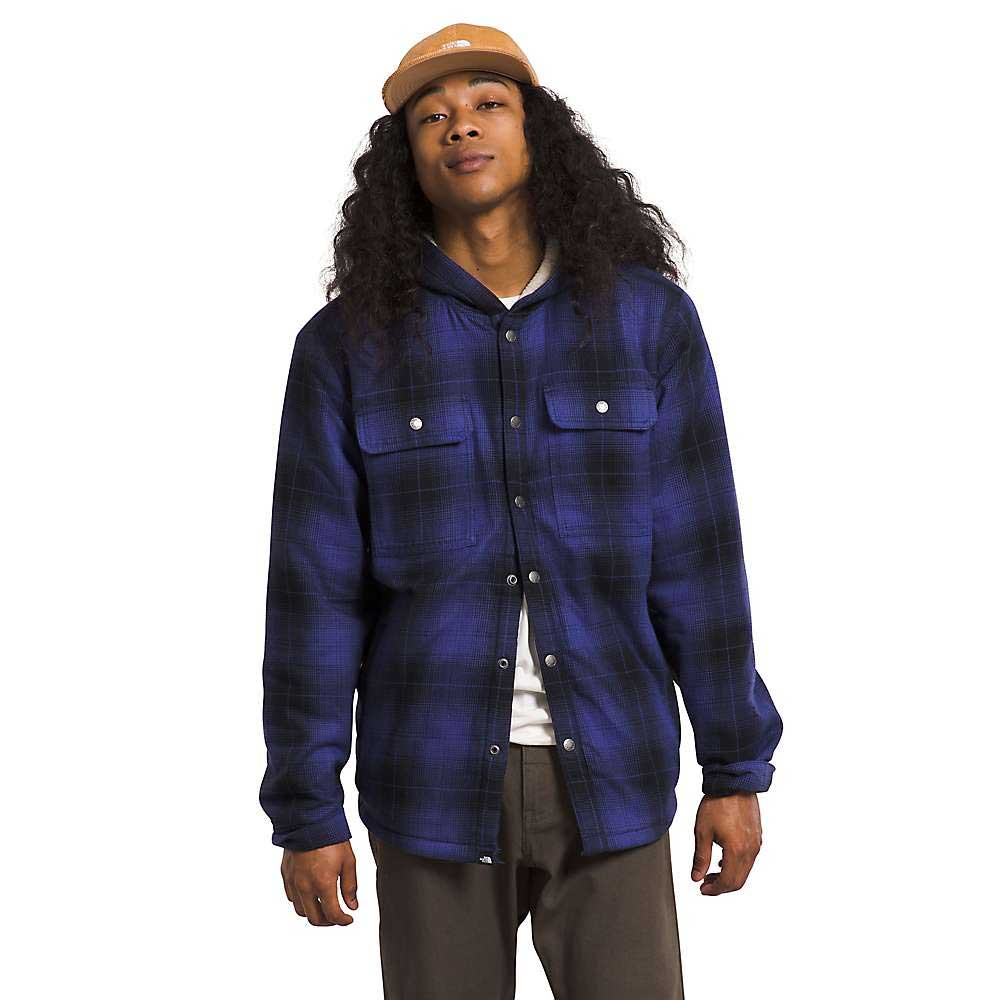 Men's dark blue plaid hooded shirt jacket with button front and two chest button pockets
