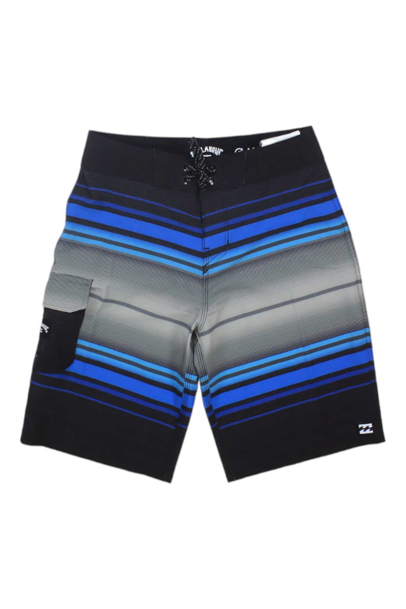 The Billabong Boys All Day Stripe Pro Boardshort features blue, black, and gray horizontal stripes, recycled polyester with 4-way stretch, a left leg side pocket, and a drawstring waistband for comfort.