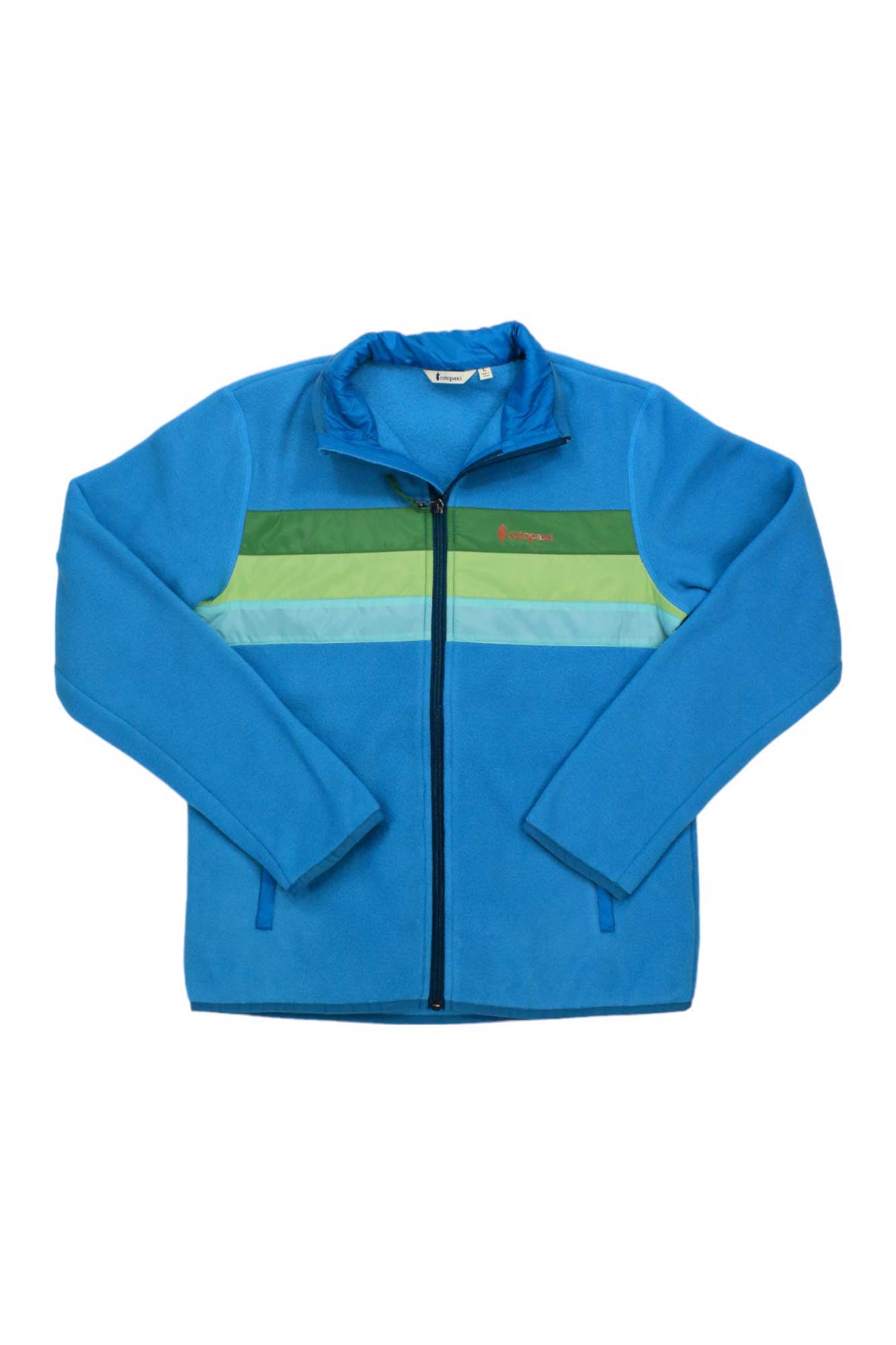 The Cotopaxi Kids Teca Fleece Jacket is a blue zip-up made from recycled fleece, featuring green and light blue chest stripes and a small embroidered logo on the left—ideal for outdoor adventures.