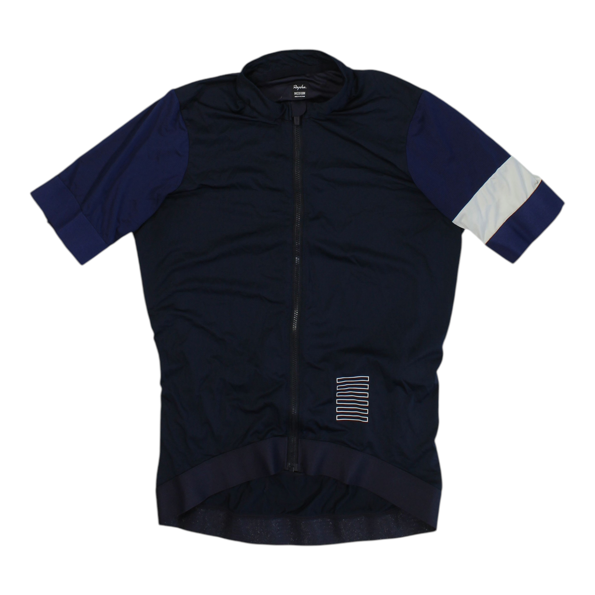 Women’s short-sleeve cycling training jersey, full-zip, navy blue with white sleeve panels