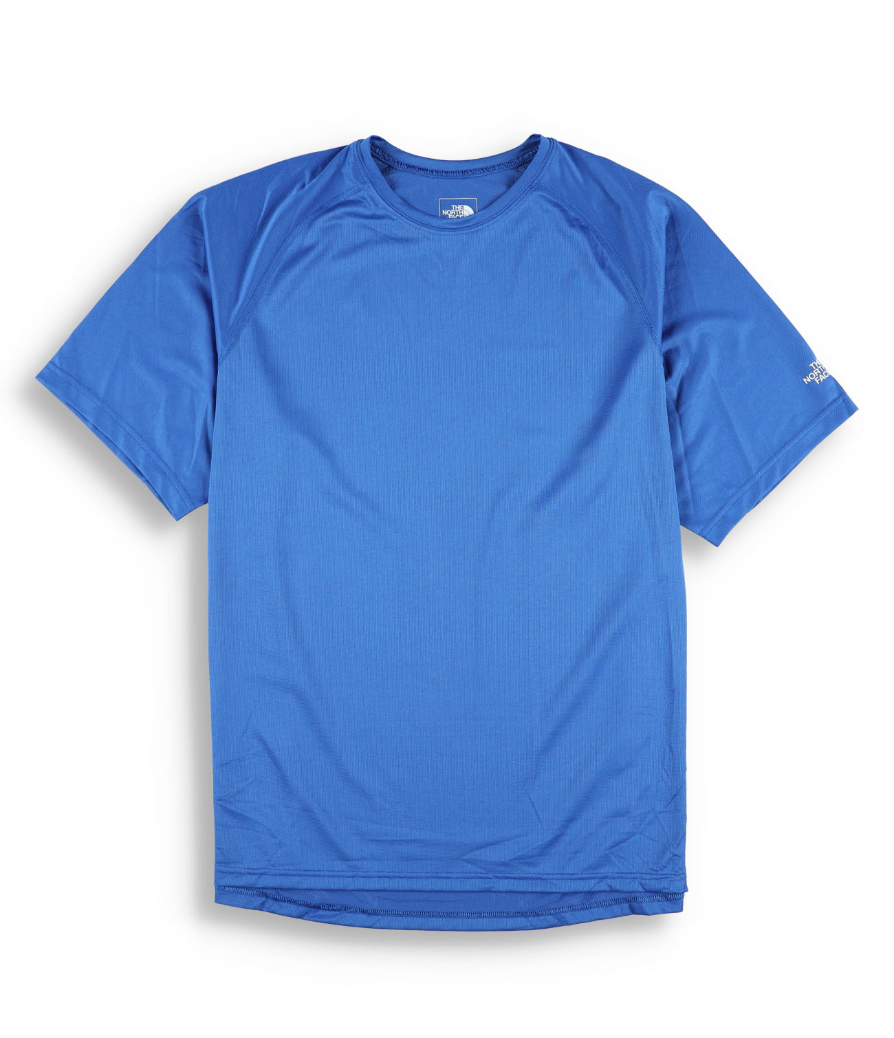 The North Face Men's Flashdry Short Sleeve Shirt in blue, featuring a crew neck, moisture-wicking Flashdry tech, and small white North Face logos on the left chest and sleeve, shown laid flat on a white background.