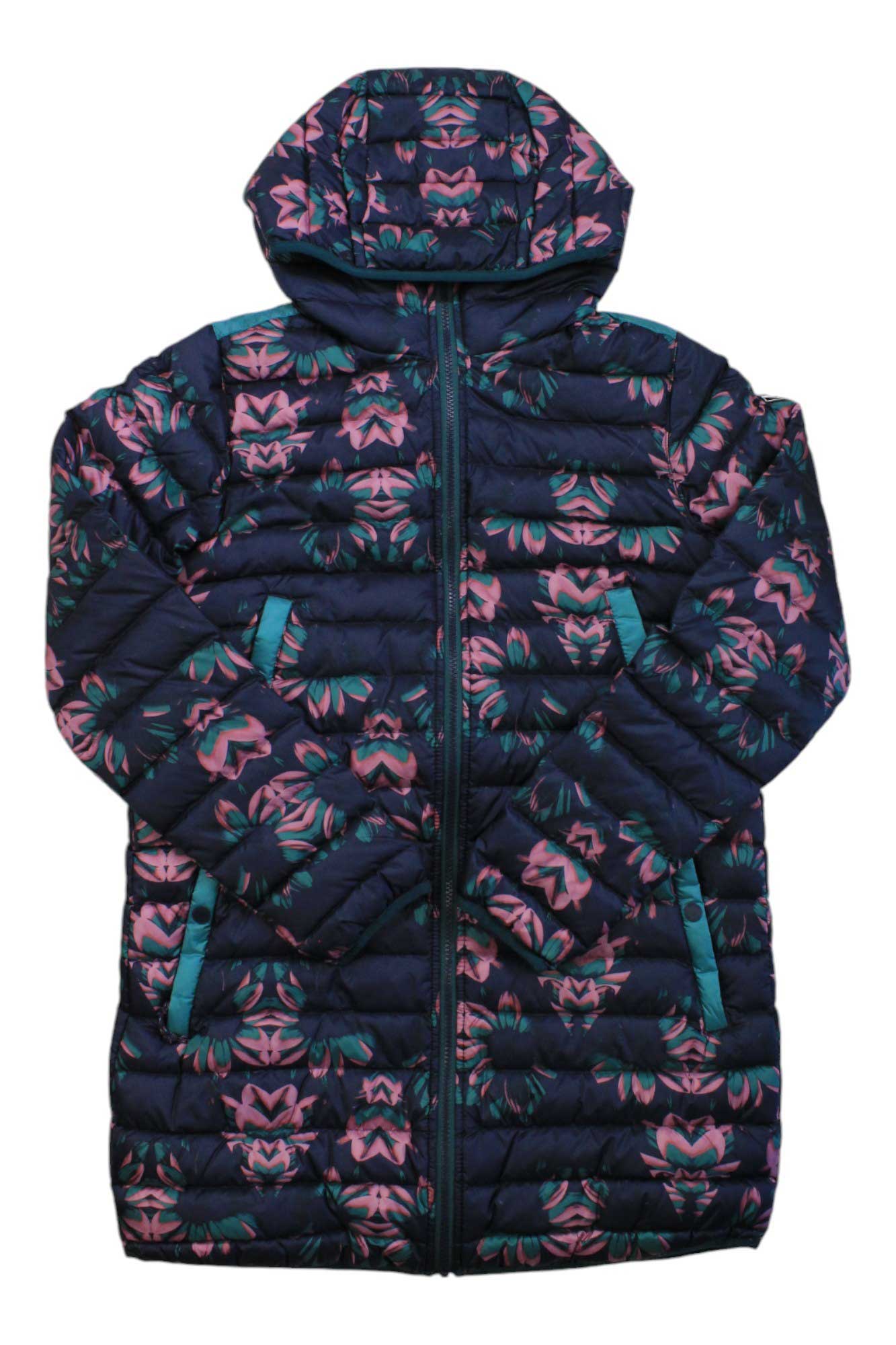 The Burton Womens Evergreen Long Down Jacket is a long, hooded water-repellent puffer with a dark blue background, pink and teal floral pattern, teal-trimmed zip pockets, and a front zipper closure.