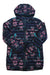 The Burton Womens Evergreen Long Down Jacket is a long, hooded water-repellent puffer with a dark blue background, pink and teal floral pattern, teal-trimmed zip pockets, and a front zipper closure.