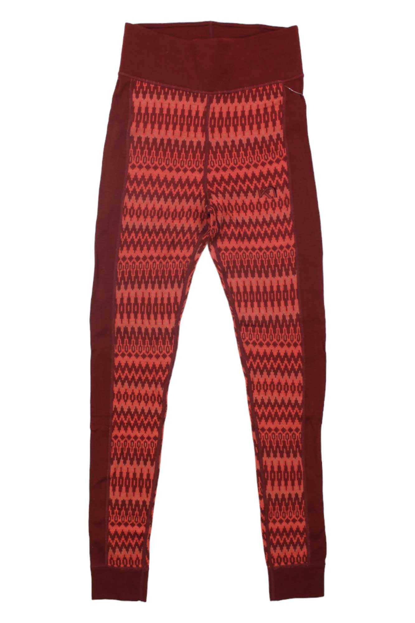 The Kari Traa Women's Silja Pant features maroon and red Scandinavian-inspired geometric and zigzag patterns, shown flat on a white background.