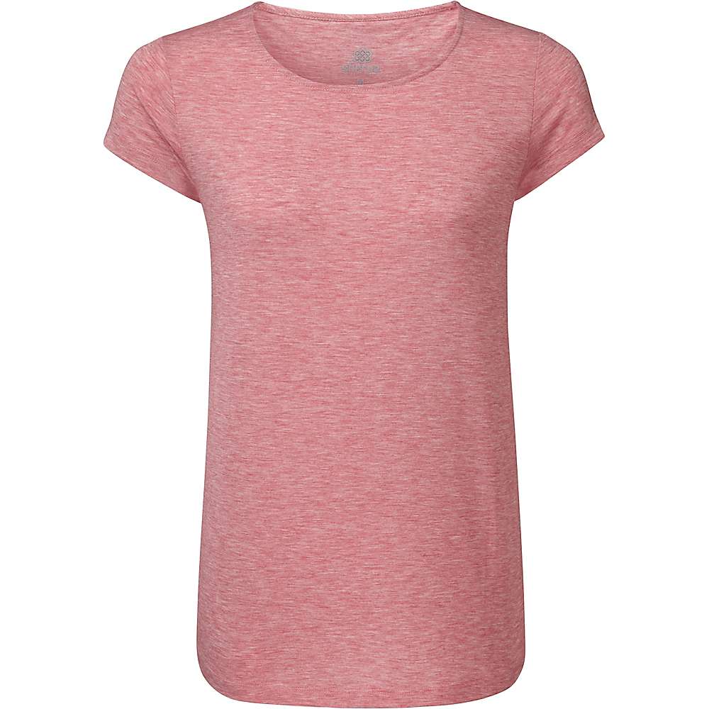 The Sherpa Women's Asha Short Sleeve Tee in Golbera Pink features a plain crew neck, short sleeves, and moisture-wicking DriRelease fabric. Shown on a white background.