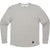 A Topo Designs Men's Long Sleeve Tech Tee in Gray Heather is laid flat on a white background. The quick-drying crewneck shirt has a small black rectangular patch near the bottom hem on one side.