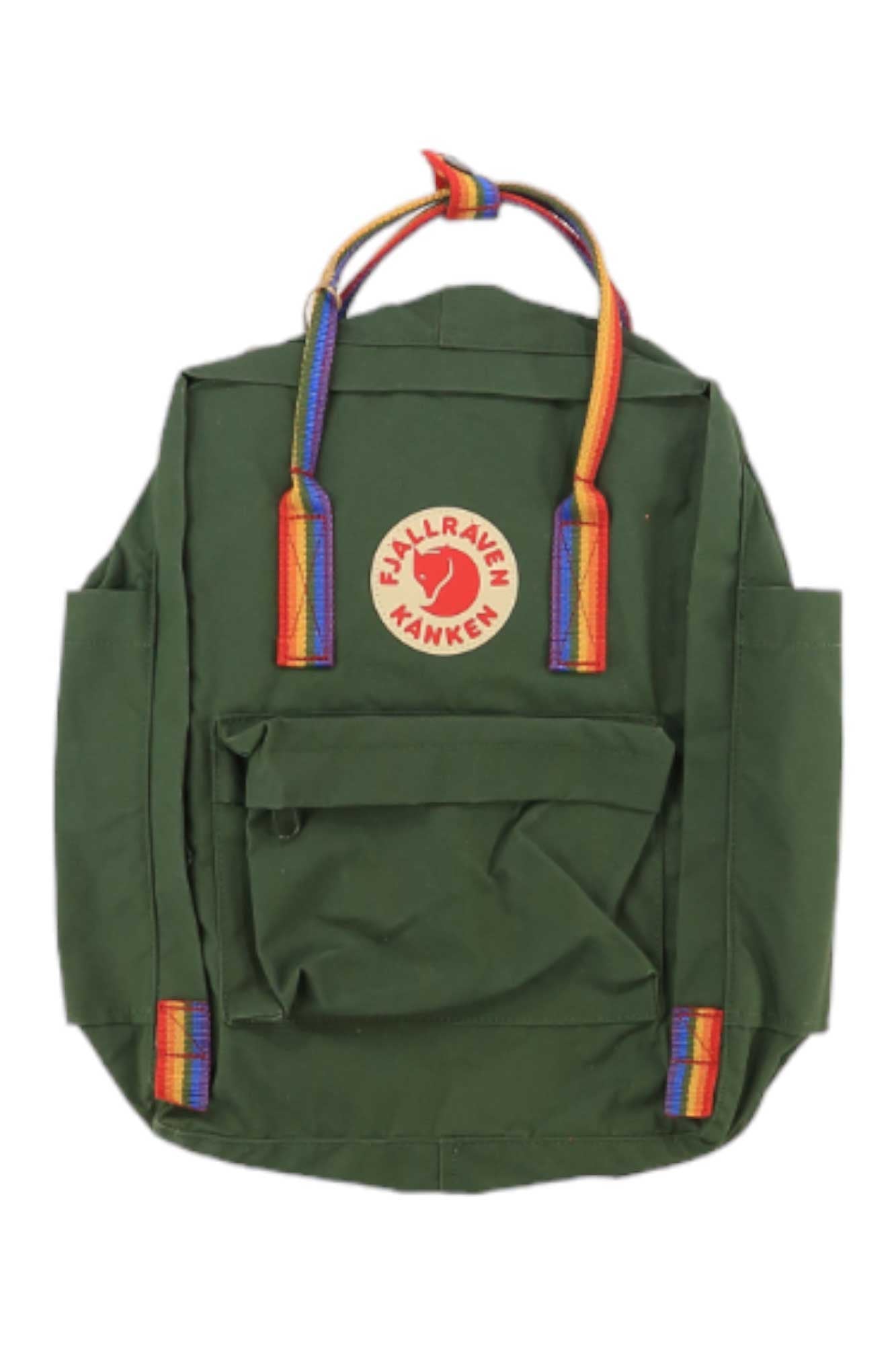 Dark green fabric backpack with front pocket and rainbow webbing handle straps