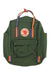 Dark green fabric backpack with front pocket and rainbow webbing handle straps