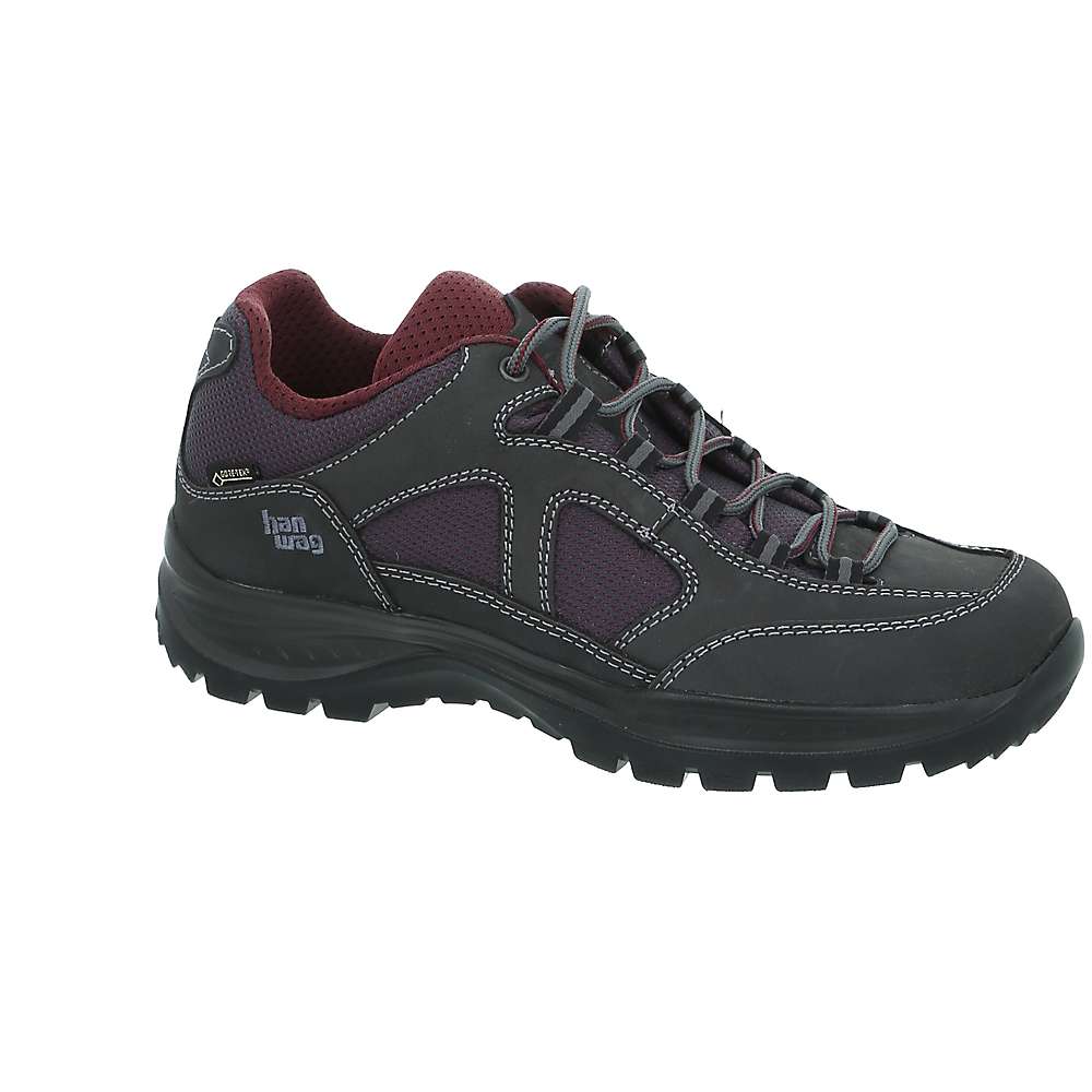 The Women's Gritstone II Lady GTX Hiking Boot features a black and burgundy low-cut design with a Vibram Ultragrip outsole, mesh and leather upper, gray laces, visible stitching, and the Hanwag logo on the side.