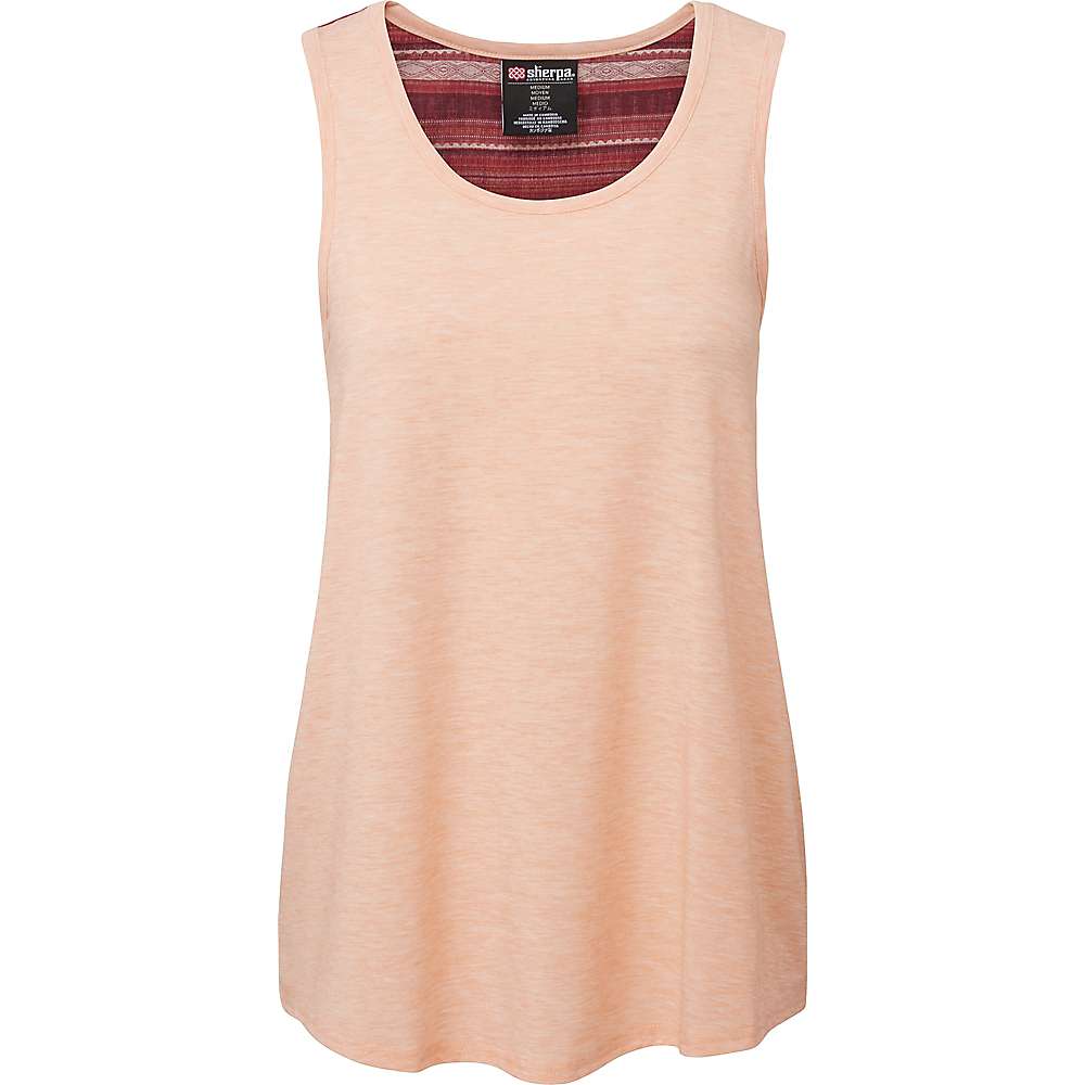 A sleeveless Sherpa Women's Asha Tank in Lapsi Orange, featuring a round neckline, loose fit, Drirelease moisture-wicking fabric, red and white striped inner collar, and brand label. Displayed on a white background.