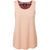 A sleeveless Sherpa Women's Asha Tank in Lapsi Orange, featuring a round neckline, loose fit, Drirelease moisture-wicking fabric, red and white striped inner collar, and brand label. Displayed on a white background.