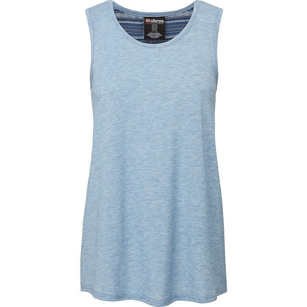 Sherpa Women's Asha Tank in Small Tilicho Blue, shown on a white background. Features a round neckline, visible collar label, and soft heathered Drirelease fabric for casual, loose fit and moisture-wicking comfort.