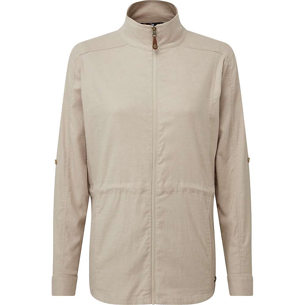 The Sherpa Women's Kiran Jacket - XS is a light beige, long-sleeve, sustainable jacket with a stand-up collar, subtle seams, and buttoned sleeve tabs. Its simple design is shown on a plain white background.