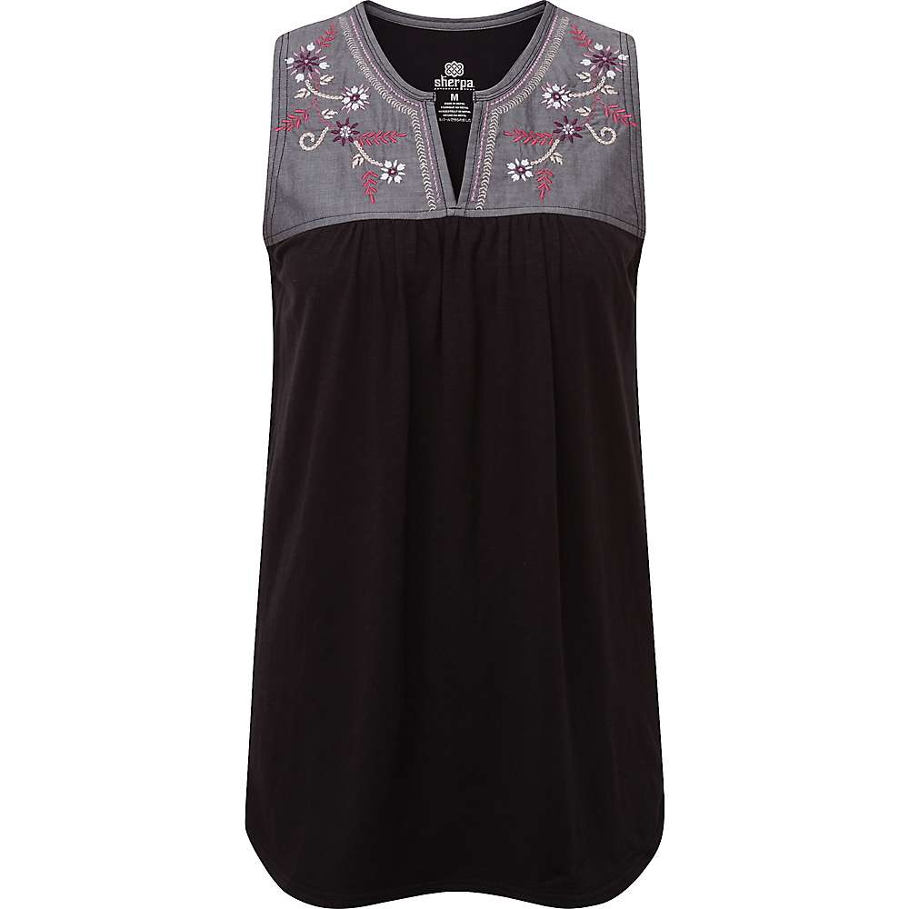 The Sherpa Women's Shaanti Embroidered Top - Black XXL features a sleeveless black body, gray yoke with white and red floral embroidery, V-shaped neckline, and a loose, flowing fit inspired by Nepal.