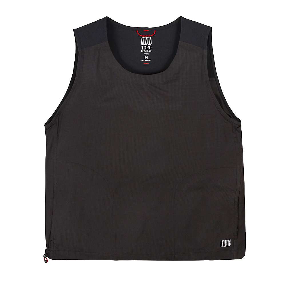 The Topo Designs Women's Tech Tank in black is a sleeveless nylon ripstop top with a round neck, subtle logo at the hem, lightweight minimalist design, two pockets, a small shoulder accent, shown flat on a white background.