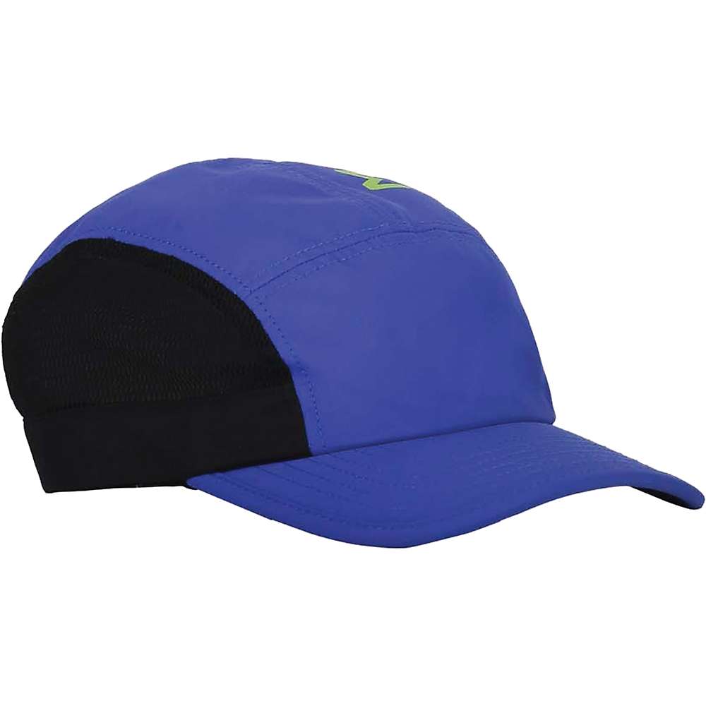 The Mons Royale Voss Cap is a blue five-panel hat featuring black mesh side panels and a curved brim, seen from an angle.