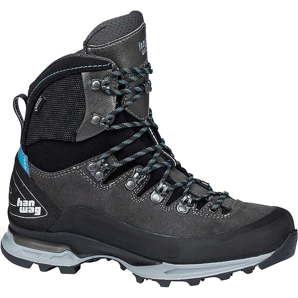 The Hanwag Women's Alverstone II GTX Hiking Boots in Asphalt Ocean feature Gore-TEX lining, high ankle support, reinforced toe, rugged sole, metal eyelets, sturdy laces, blue accents, and visible branding on the heel.