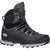 The Hanwag Women's Alverstone II GTX Hiking Boots in Asphalt Ocean feature Gore-TEX lining, high ankle support, reinforced toe, rugged sole, metal eyelets, sturdy laces, blue accents, and visible branding on the heel.