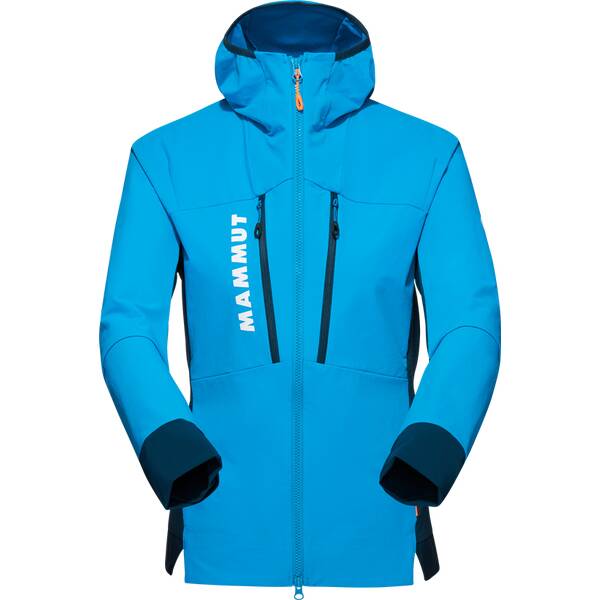 The Mammut Womens Aenergy SO Hybrid Hooded Jacket is bright blue with black accents, features two zippered chest pockets, vertical white MAMMUT branding on the left chest, a front zipper, adjustable cuffs, and weather-resistant fabric.