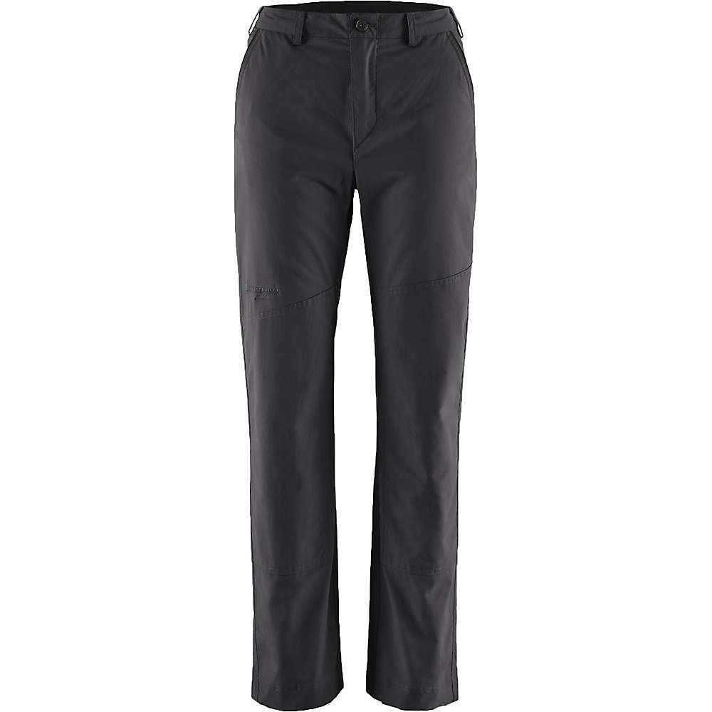 A pair of Klattermusen Women's Grimm Pant - Medium, dark gray with straight-leg cut, button/zipper closure, front pockets, and knee seams—durable outdoor pants for comfort and style—displayed on a white background.