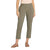 A person wearing Sherpa Women's Sajilo Ankle Pants - Evergreen, a peach patterned top, and brown sandals stands against a plain white background. The photo is cropped above the shoulders.