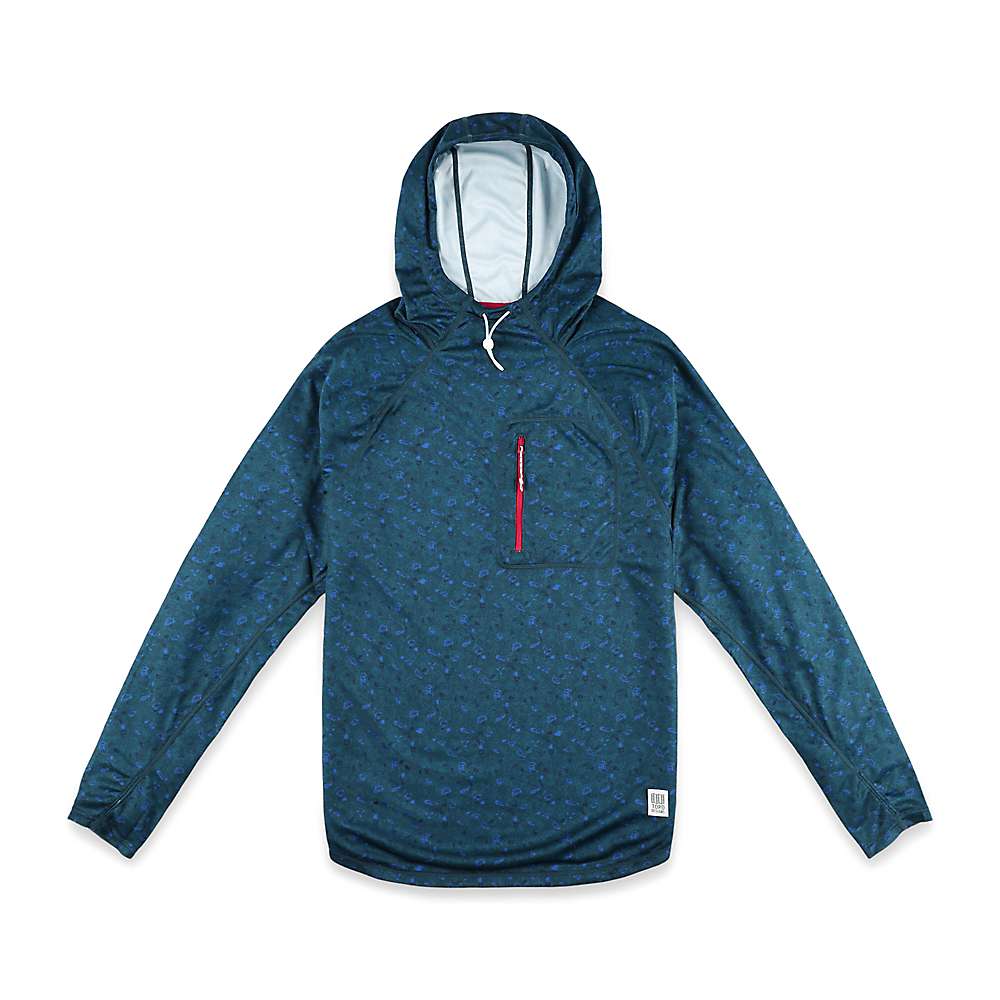 The Topo Designs Men's River Hoodie - Blue Terrazzo is a long-sleeve, moisture-wicking hoodie with a subtle pattern, red-zip chest pocket, small white hem tag, and a hood with light lining and drawstring.