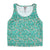 A sleeveless turquoise Topo Designs Women's River Tank in size small, featuring an all-over terrazzo print, eco-friendly materials, and a logo tag on the front. Shown laid flat.