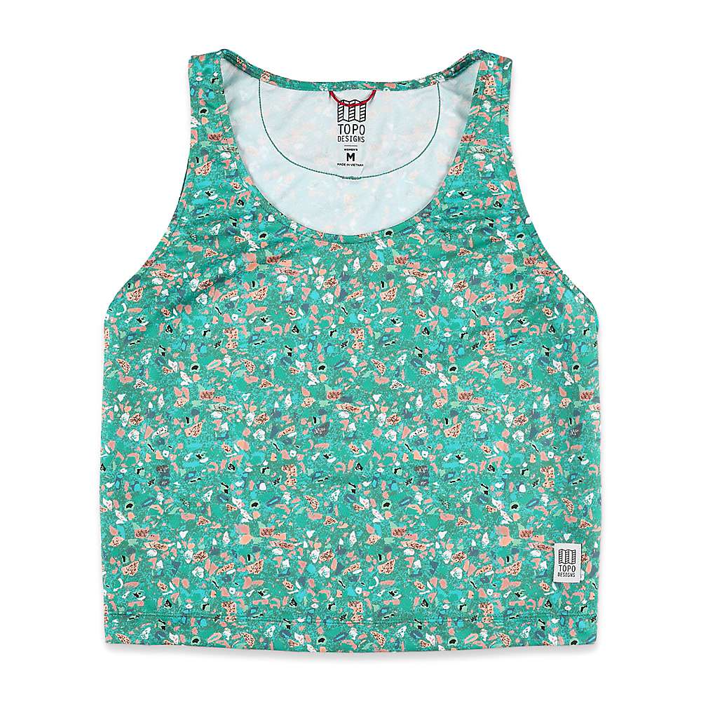 A sleeveless turquoise Topo Designs Women's River Tank (Small Turquoise Terrazzo) with a colorful terrazzo print, eco-friendly fabric, trimmed neckline and armholes, and a logo patch at the bottom right corner.
