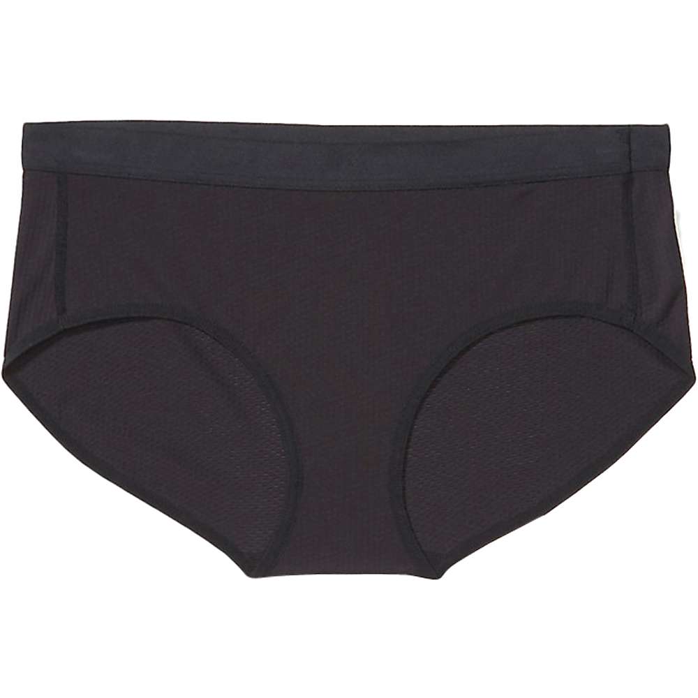 The ExOfficio Women's Give-N-Go Sport 2.0 Hipster, a pair of plain black women's brief-style underwear with quick-drying fabric, is shown laid flat on a white background.