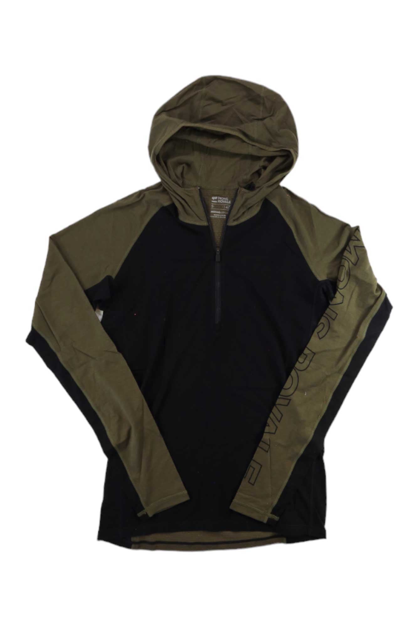 The Mons Royale Men's Temple Tech Hood Top features olive green sleeves and hood, a black body, half-zip front, and black text on the left sleeve—ideal for fitness multisport activities with versatile comfort.