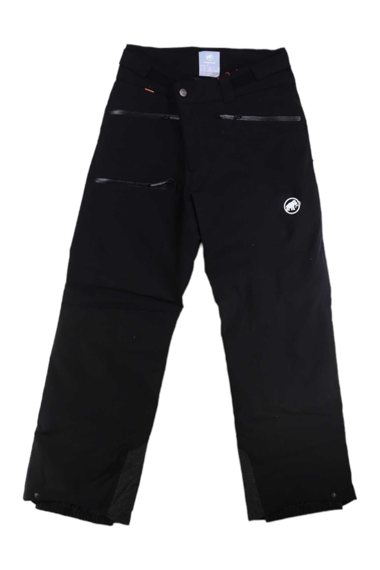 The Mammut Mens Stoney HS Thermo Pant is a pair of black waterproof ski pants with zippered pockets, a small white logo on the left leg, and reinforced ankle panels, shown laid flat on a white background.