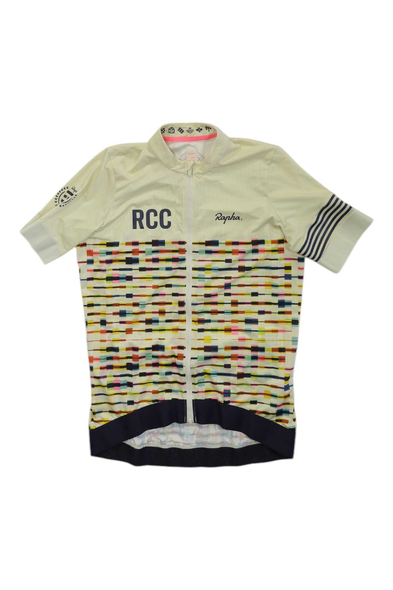 Rapha women’s cycling training jersey, short sleeves, multicolor stripe yoke, RCC logo, green