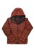 The Outdoor Research Men's Helium Down Hooded Jacket in rust features a front zipper, zippered chest pocket, and quilted stitching. It is packable and shown laid flat on a white background.