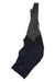 A pair of Rapha Mens Pro Team Bib Shorts II - Regular in dark navy with an olive green upper and black striped strap, laid flat on a white background—featuring race-grade chamois for ultimate comfort and stylish design.