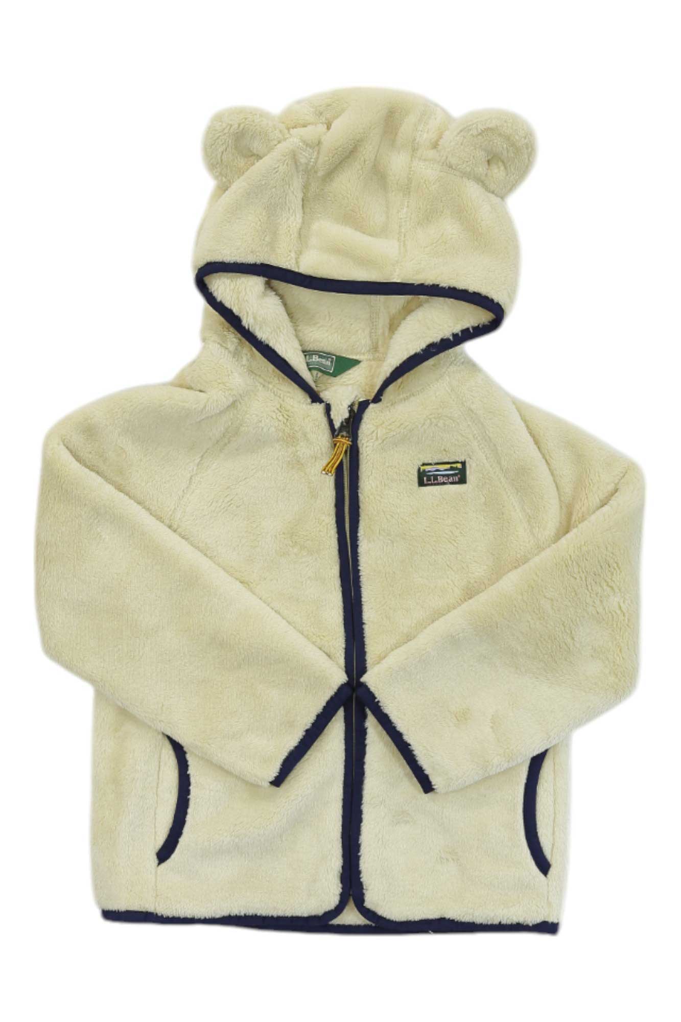 Toddlers hi-pile fleece jacket with bear-ear hood, natural body and navy zipper trim