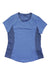 The Spyder Womens Arc Graphene Tech Shirt is a light blue, short-sleeved athleisure top featuring darker blue side panels, a round neckline, and a small zippered pocket near the right hem for stylish comfort during any activity.