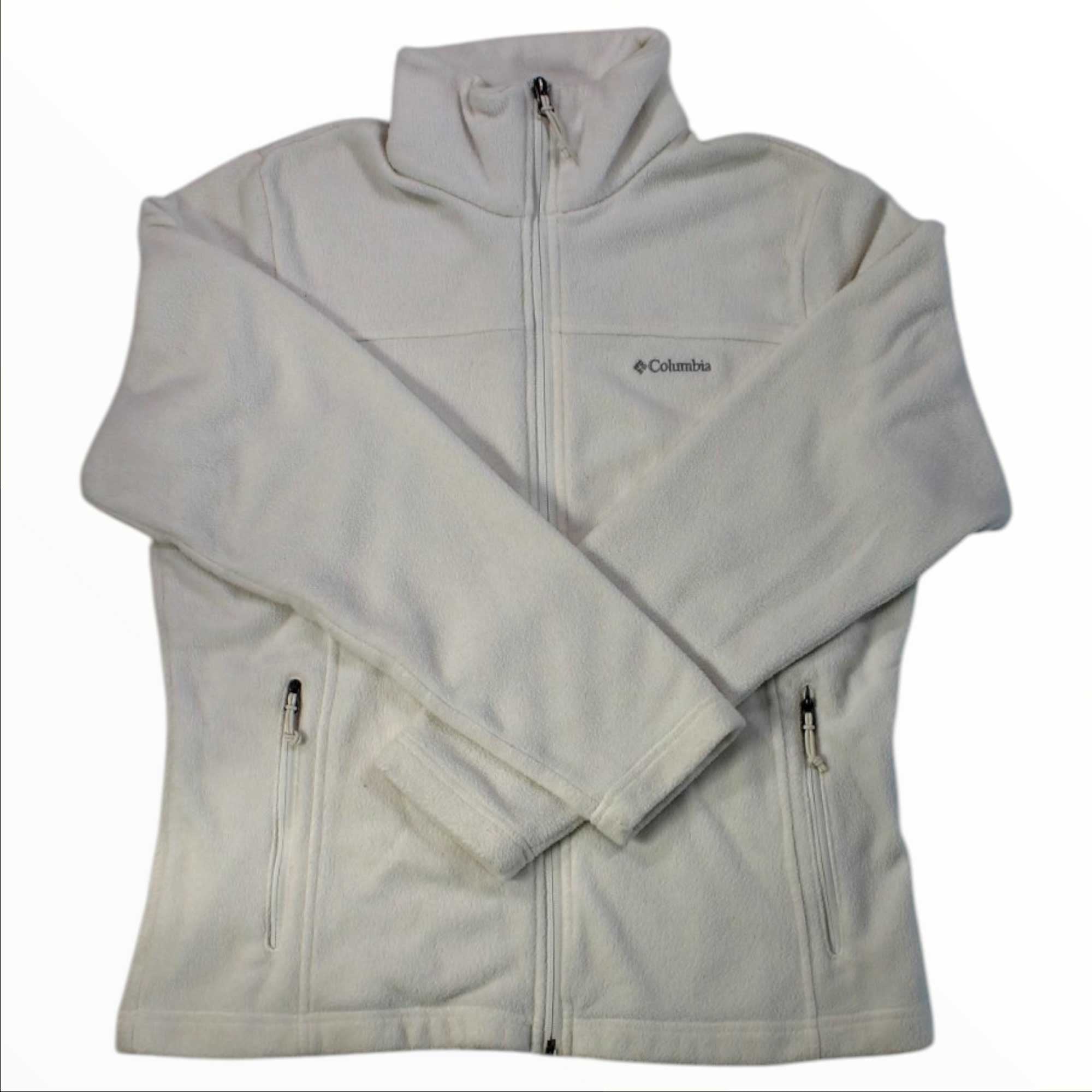 Gray women's full-zip fleece jacket with stand collar, zip pockets, and chest logo