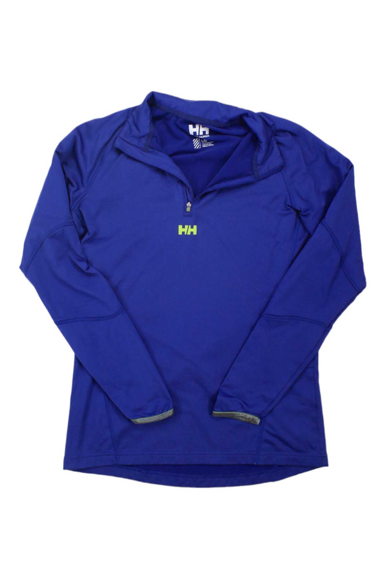The Womens Helly Hansen Quarter Zip is a royal blue, long-sleeved fleece with a yellow HH logo on the chest, stand-up collar, and quarter zip. Ideal as an insulating outdoor layer, it’s shown flat on a white background.