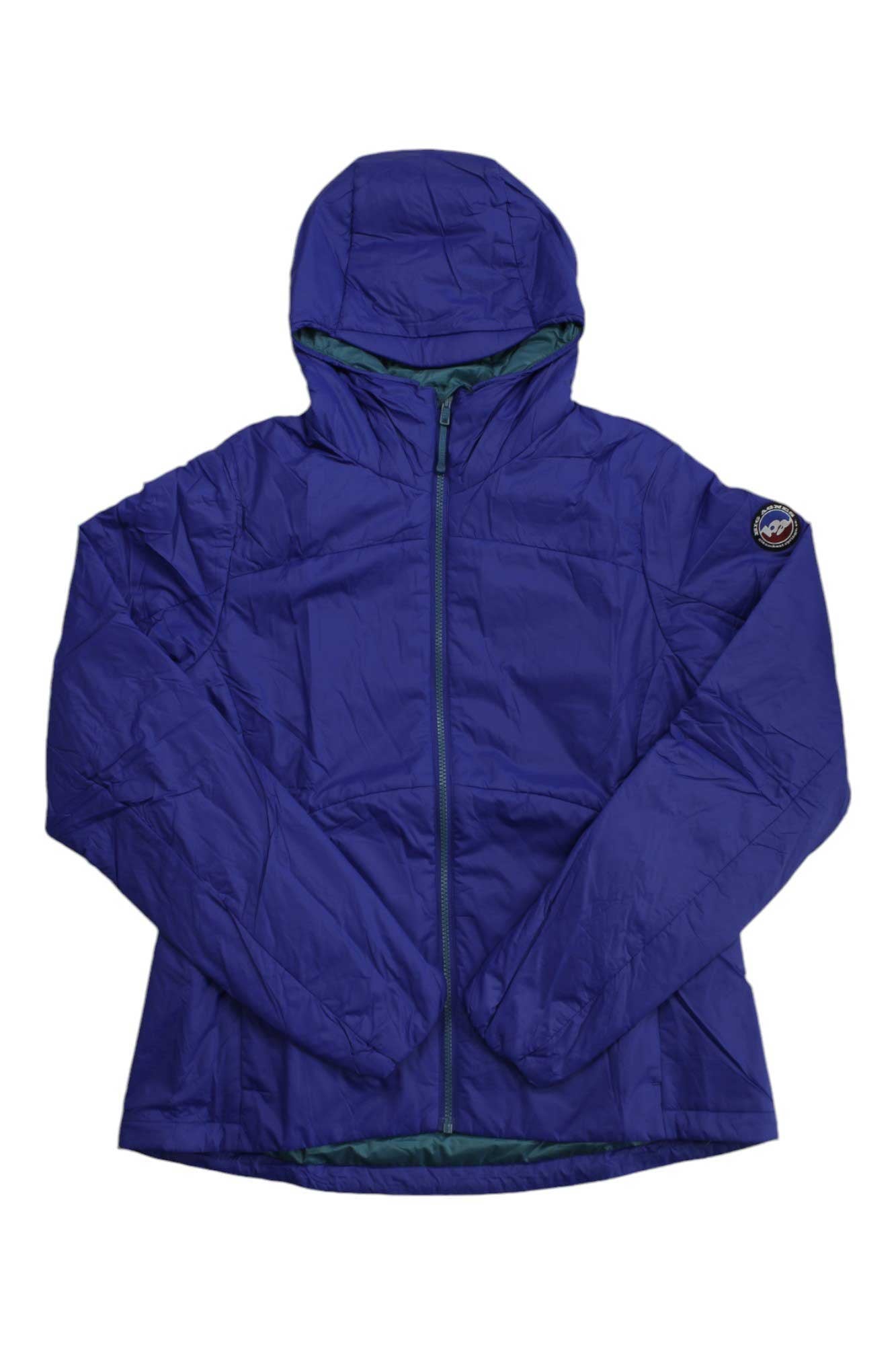 The Big Agnes Womens Larkspur Jacket is a blue, eco-friendly insulated coat with a front zipper, long sleeves, and an upper left arm patch, shown flat on a white background.
