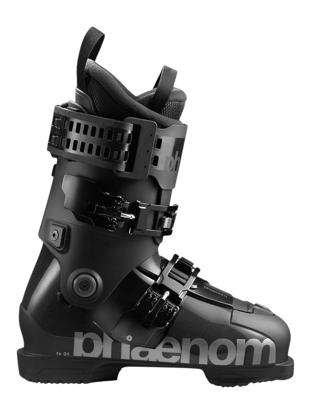 The Phaenom FS 01 100 A Ski Boot by Phaenom is a black freeskiing boot with hybrid cabrio overlap construction, three adjustable buckles, and “phænom” in large gray letters on the side. Shown in side profile on white. Ideal for intermediate all-mountain skiers.