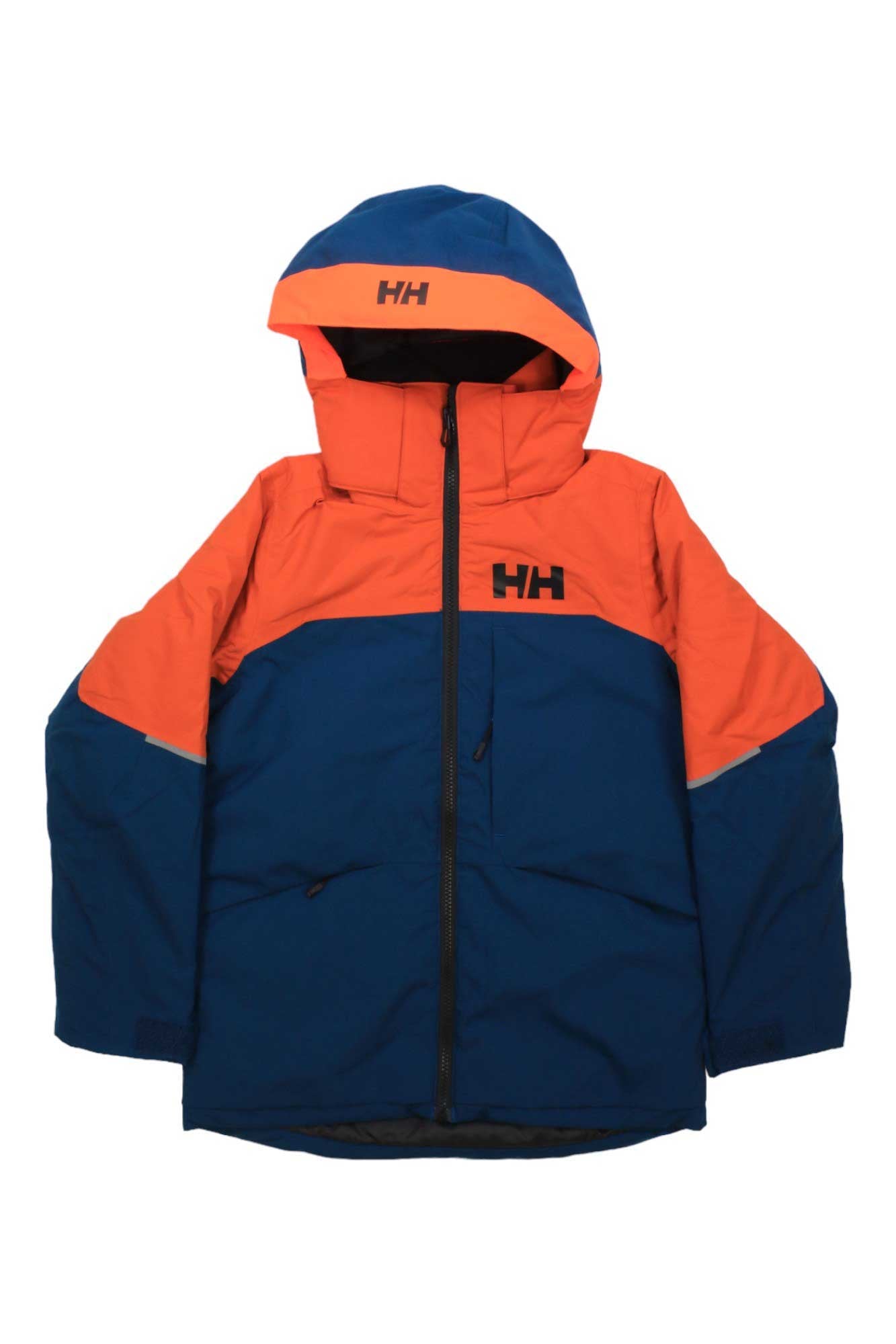 The Helly Hansen Juniors' Summit Jacket features blue and orange two-tone design, front zipper, and HH logo on chest and hood—ideal as an insulated kids' ski jacket for winter outdoor adventures.