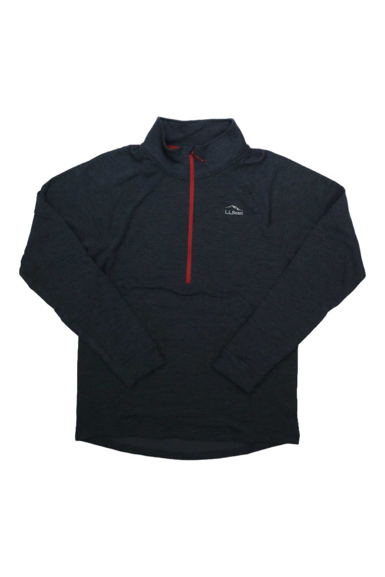 The L.L.Bean Men's Adventure Grid Fleece 1/4 Zip Top features a dark, moisture-wicking fleece with a red grid pattern and L.L.Bean logo on the left chest. The long-sleeve pullover is displayed flat against a white background.
