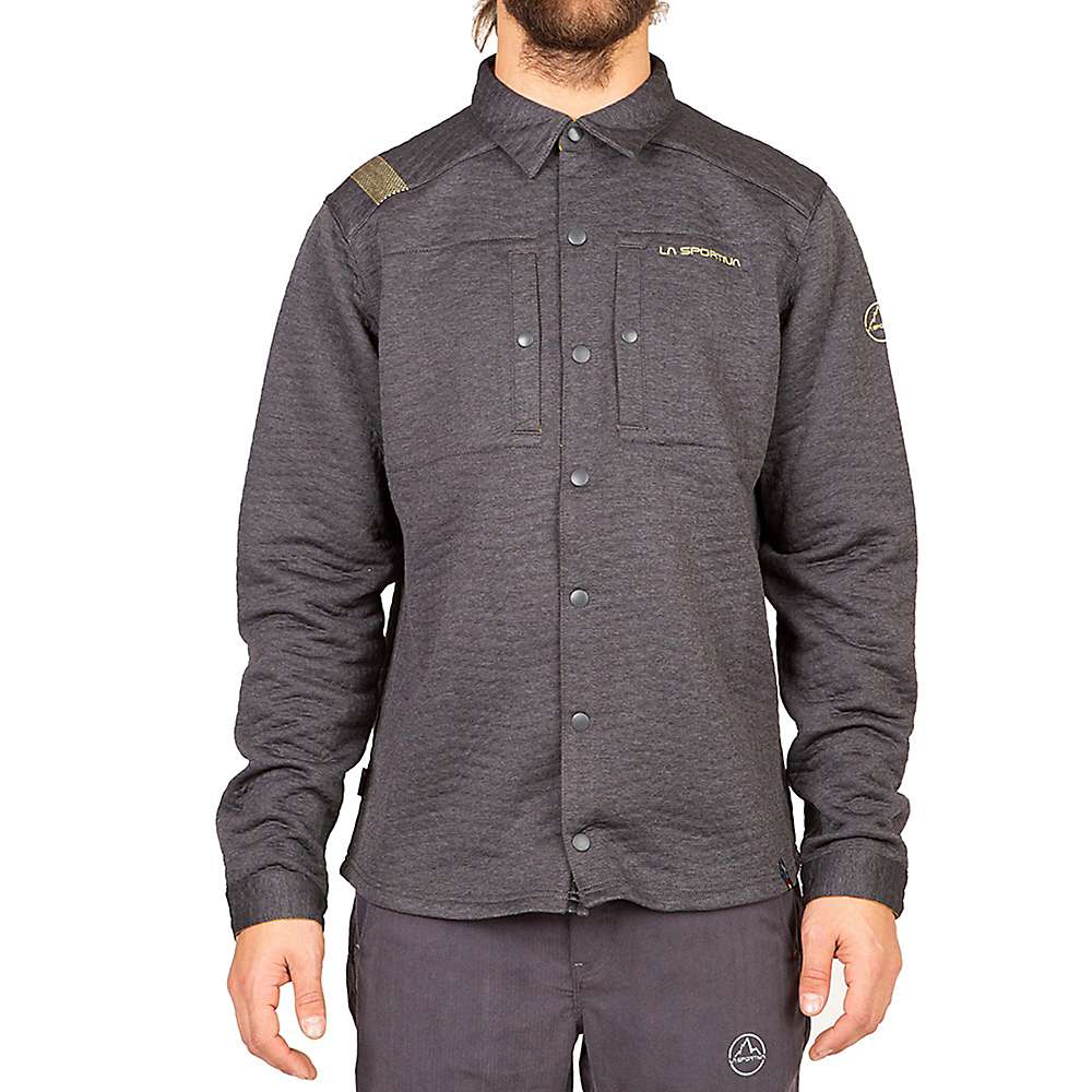 On-model dark gray long-sleeve button-up shirt with stand collar and front buttons.