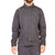On-model dark gray long-sleeve button-up shirt with stand collar and front buttons.