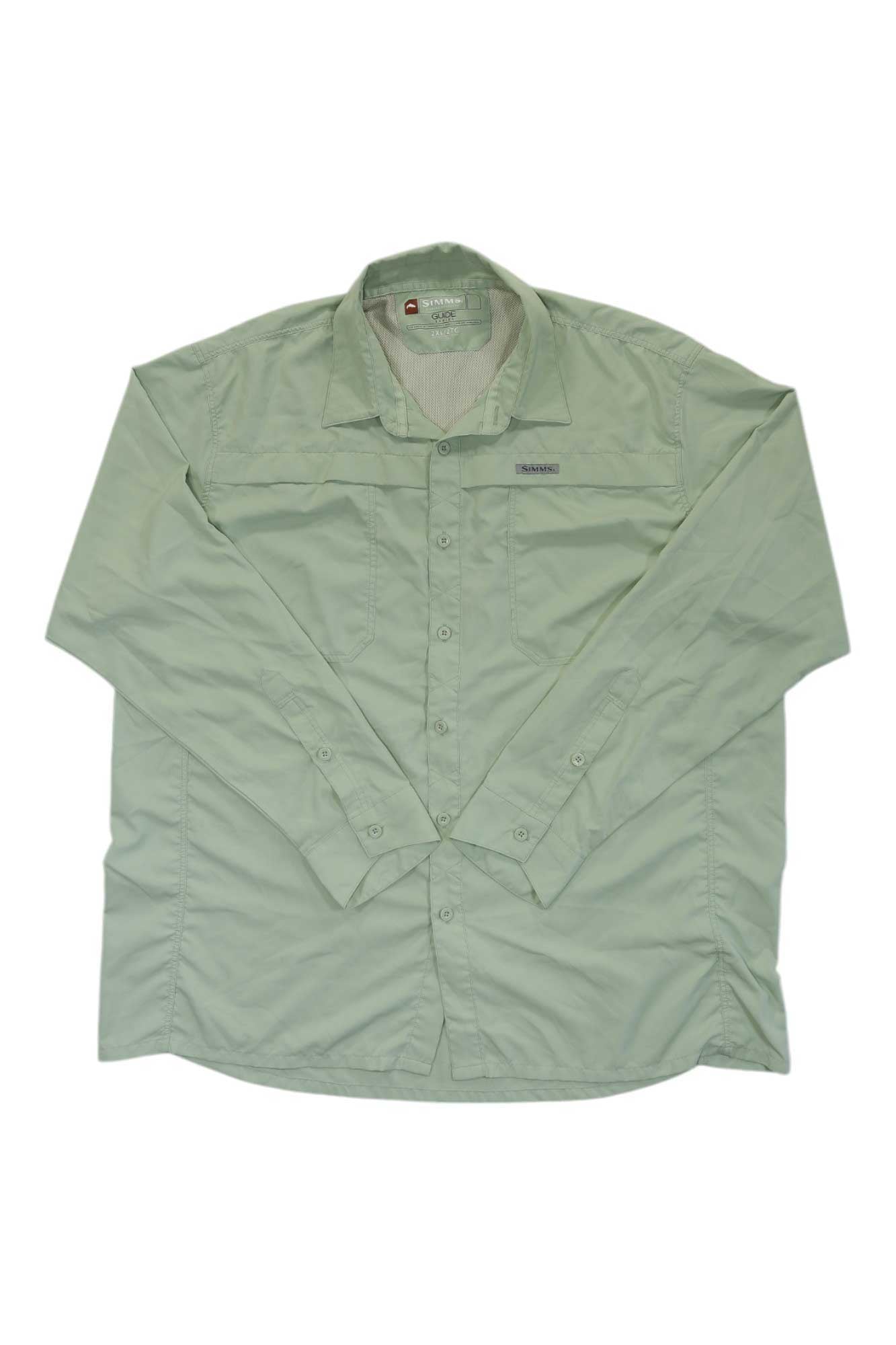 Simms men's collared button-up guide shirt in light teal, chest pocket, long sleeves