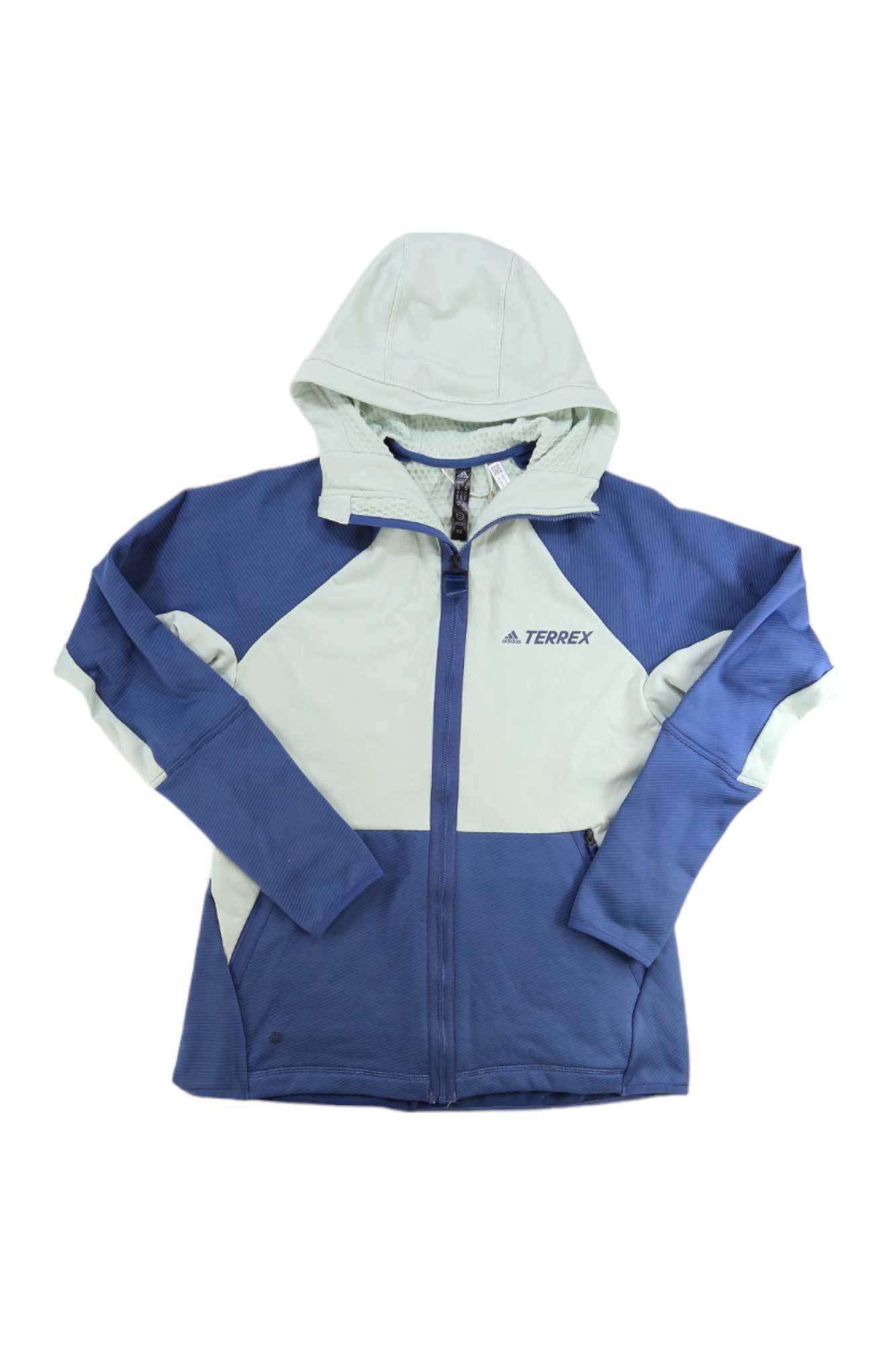 The Adidas Womens Terrex Tech Flooce Hooded Jacket features a two-tone design in light blue and navy, with long sleeves and a full front zipper, shown flat on a white background.
